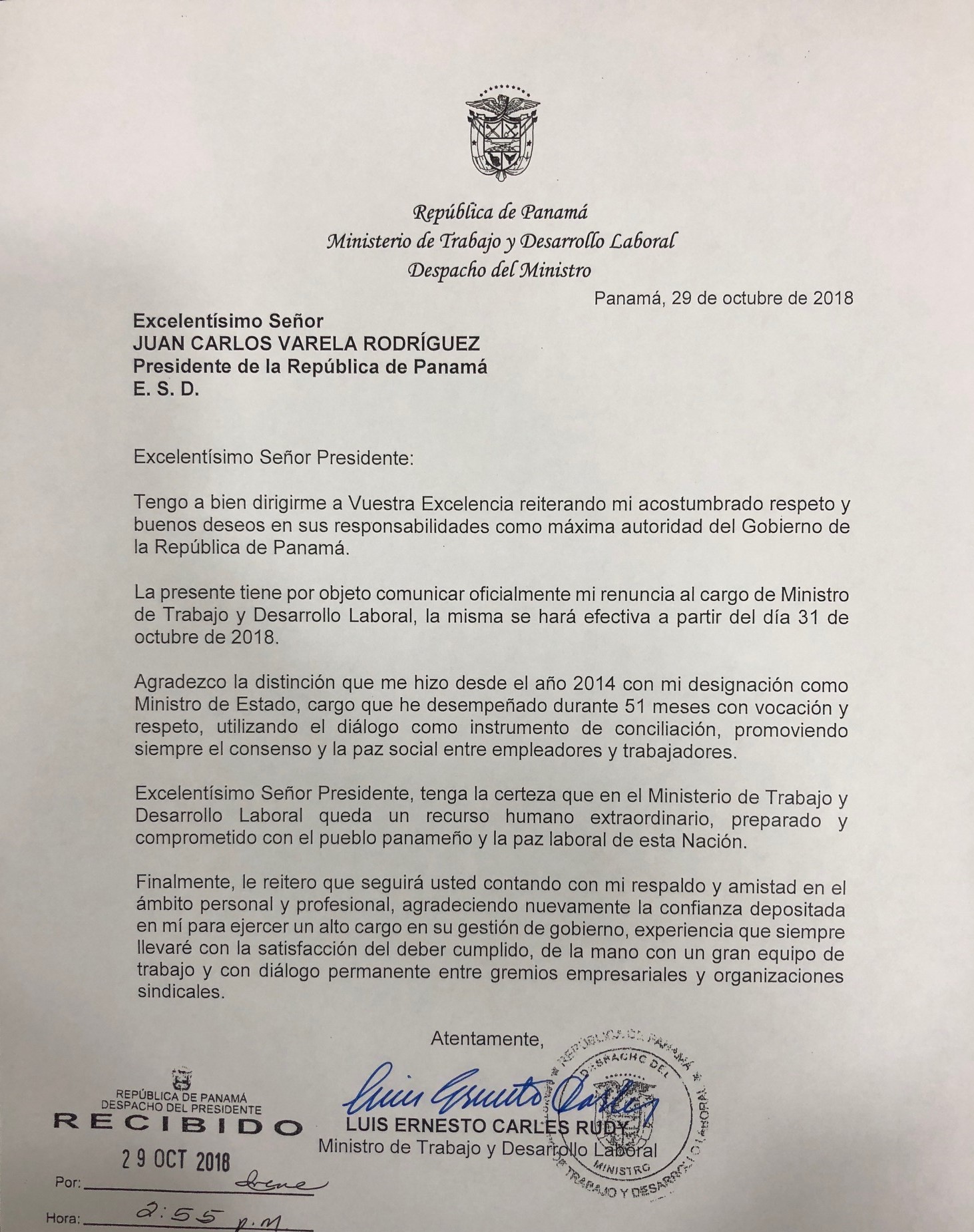 Ministro de Trabajo presenta su renuncia - Ministerio de 